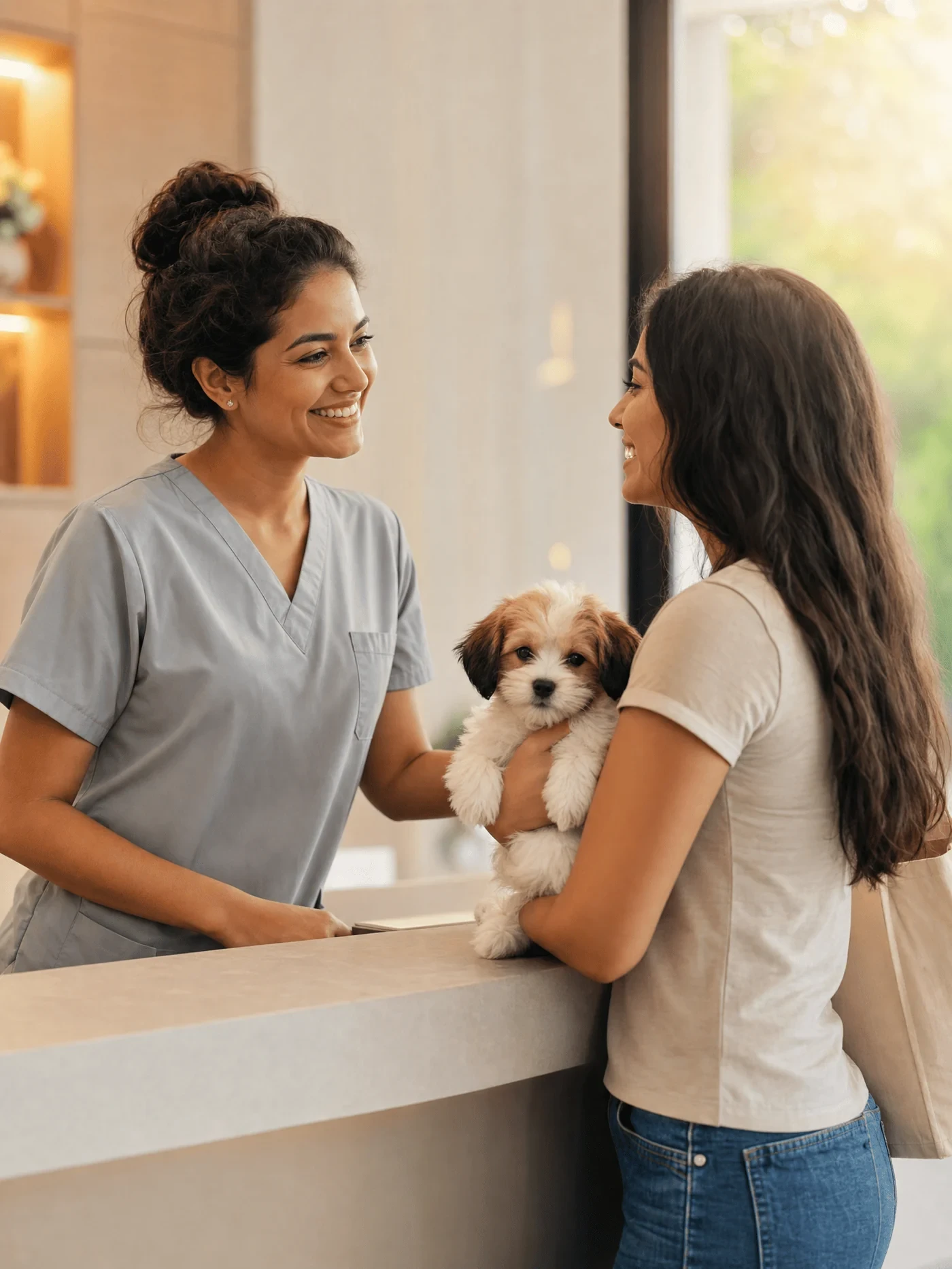 Recepcionista de clínica veterinária atendendo uma tutora com um cachorro no colo